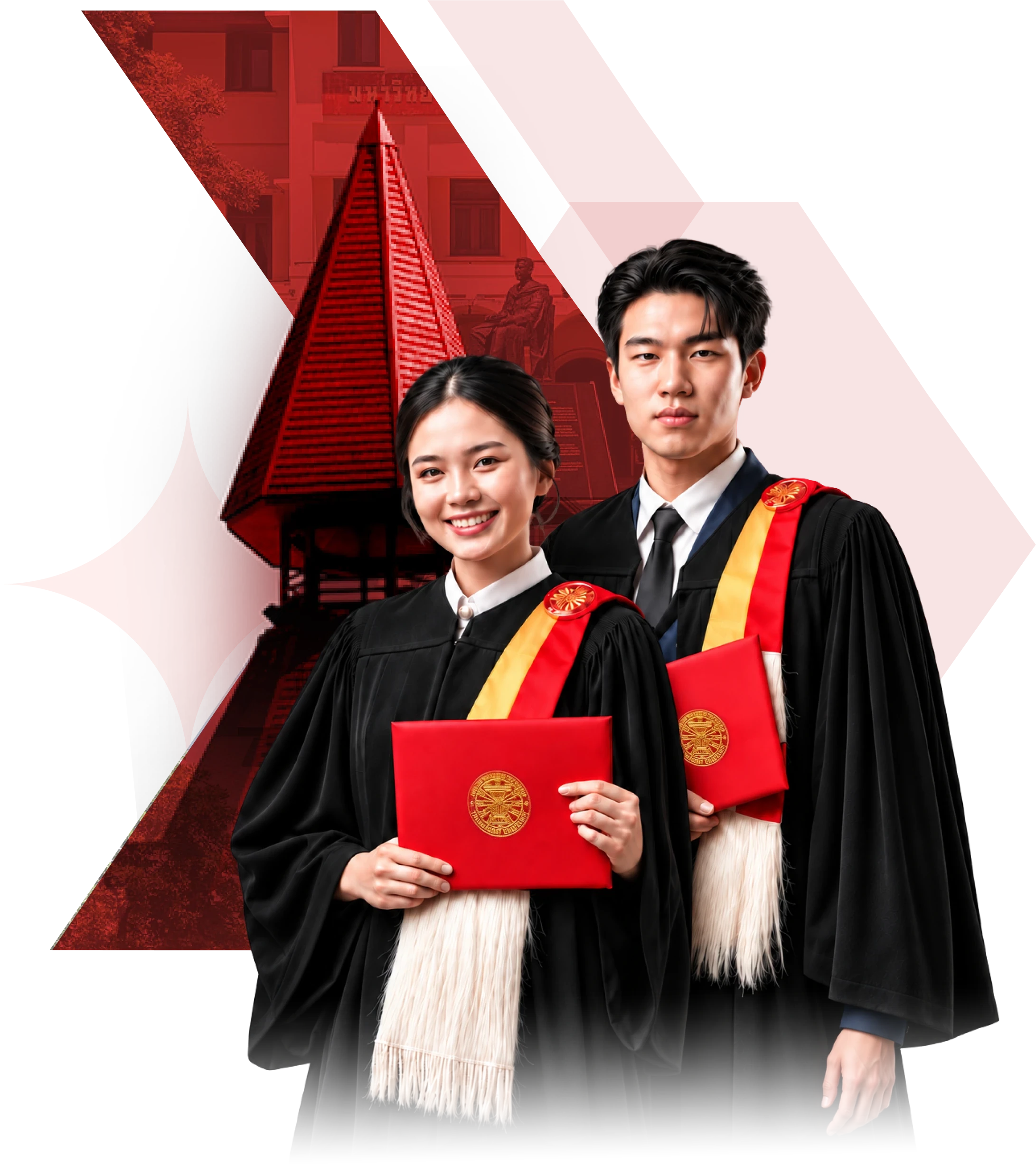 บัณฑิตมหาวิทยาลัยธรรมศาสตร์สองคนในชุดครุยถือปริญญาบัตรและตราสัญลักษณ์มหาวิทยาลัย
